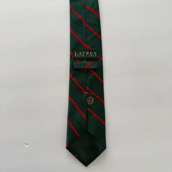 Vintage Lauren Ralph Lauren Green Red Striped Silk Tie Crest Design 100% Silk - Picture 2 of 4